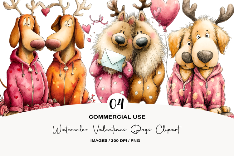 Watercolor Valentines Dogs Clipart