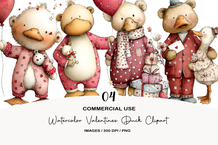 Watercolor Valentines Duck Clipart