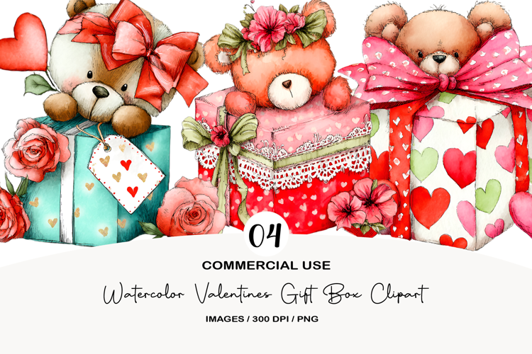 Watercolor Valentines Gift Box Clipart