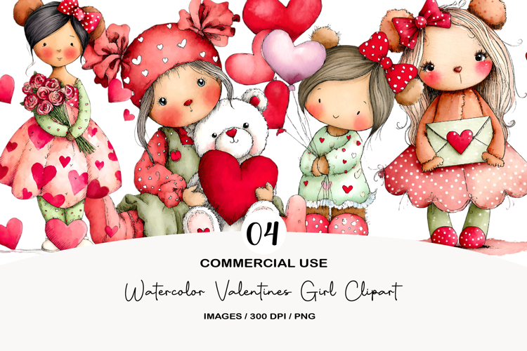 Watercolor Valentines Girl Clipart