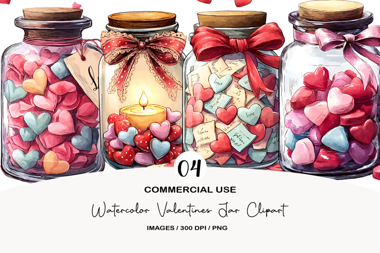 Watercolor Valentines Jar Clipart