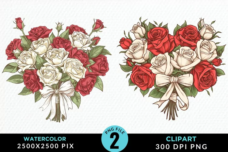 Watercolor Valentines Rose Bouquets Art Clipart
