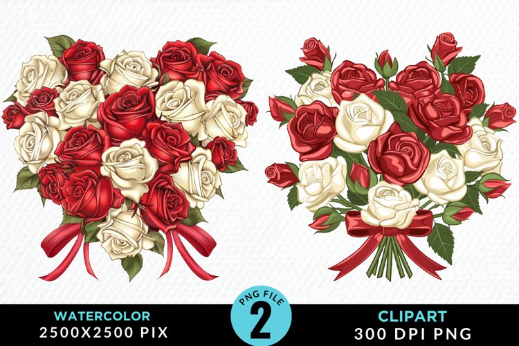 Watercolor Valentines Rose Bouquets Clipart