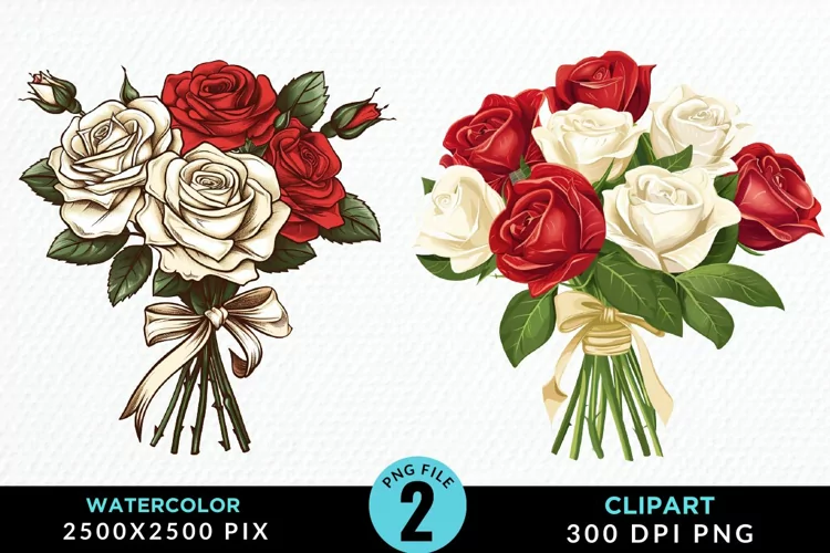 Watercolor Valentines Rose Bouquets Clipart