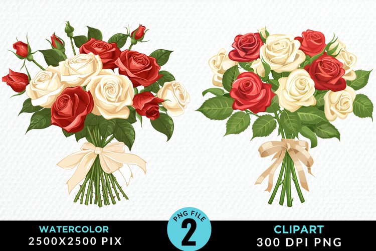 Watercolor Valentines Rose Bouquets Art Clipart