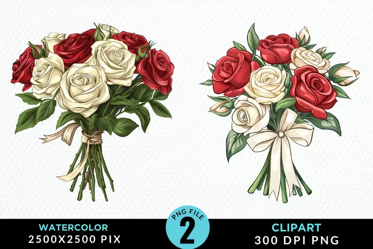 Watercolor Valentines Rose Bouquets Art Clipart