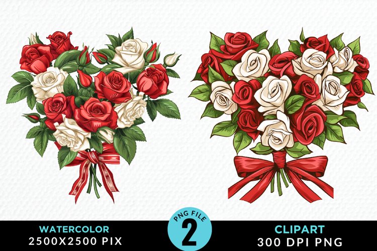 Watercolor Valentines Rose Bouquets Clipart