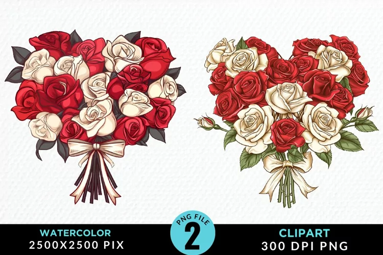 Watercolor Valentines Rose Bouquets Art Clipart
