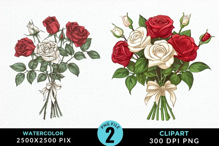 Watercolor Valentines Rose Bouquets Clipart