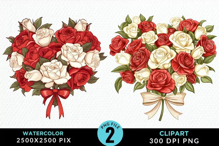 Watercolor Valentines Rose Bouquets Art Clipart