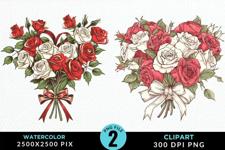 Watercolor Valentines Rose Bouquets Art Clipart
