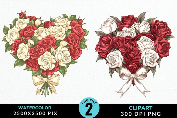 Watercolor Valentines Rose Bouquets Art Clipart