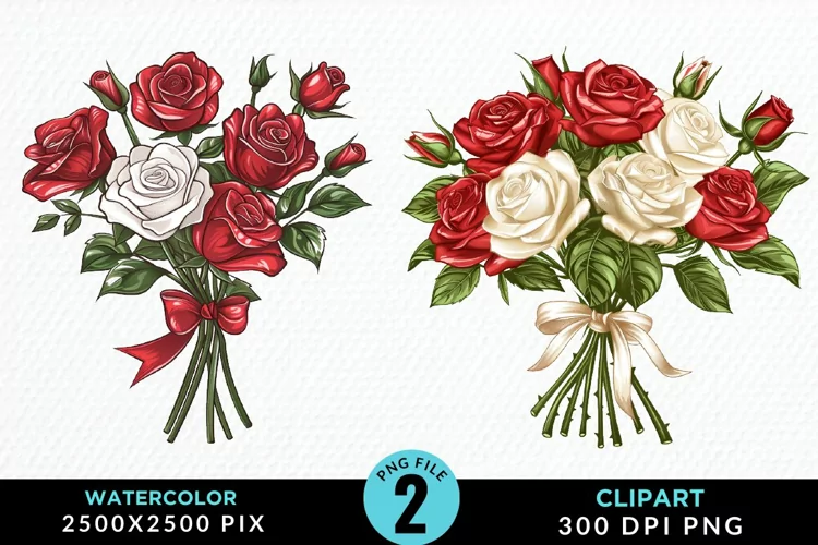 Watercolor Valentines Rose Bouquets Clipart