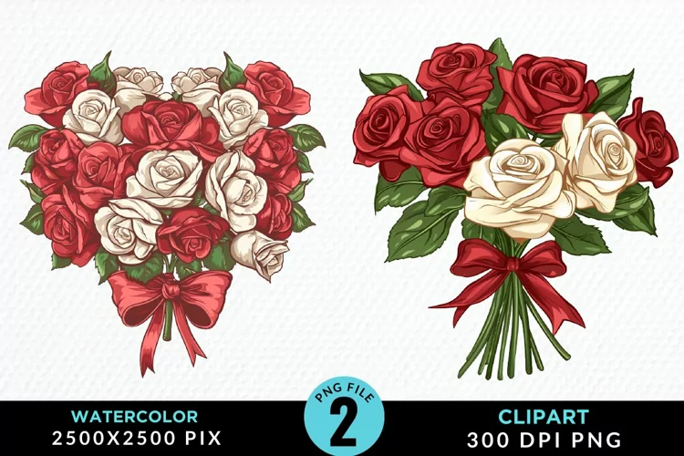 Watercolor Valentines Rose Bouquets Clipart