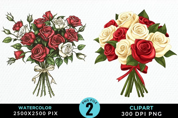 Watercolor Valentines Rose Bouquets Clipart