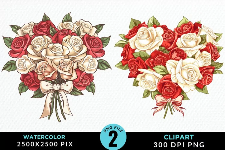 Watercolor Valentines Rose Bouquets Clipart