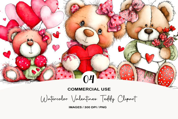 Watercolor Valentines Teddy Clipart