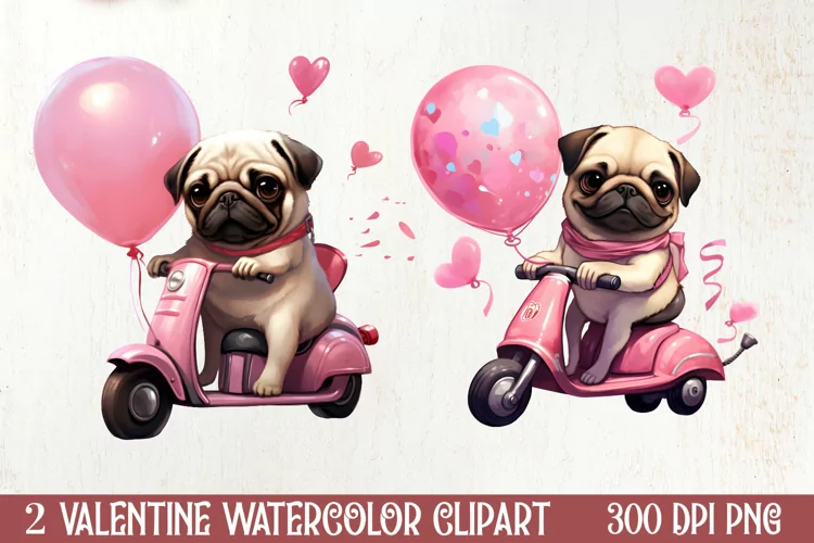 Cute Pug Puppy Valentine Clipart, Valentines Clipart
