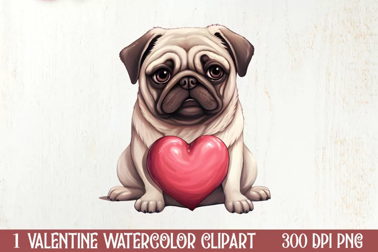 Cute Pug Puppy Valentine Clipart, Valentines Clipart