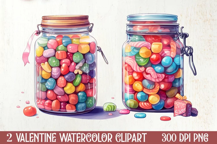 Candy Jar Watercolor Valentine Clipart, Christmas Clipart