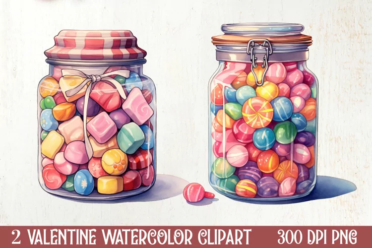 Candy Jar Watercolor Valentine Clipart, Christmas Clipart