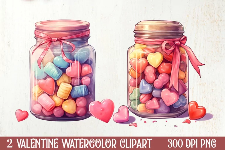 Candy Jar Watercolor Valentine Clipart, Christmas Clipart