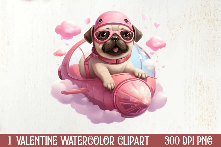 Cute Pug Puppy Valentine Clipart, Valentines Clipart
