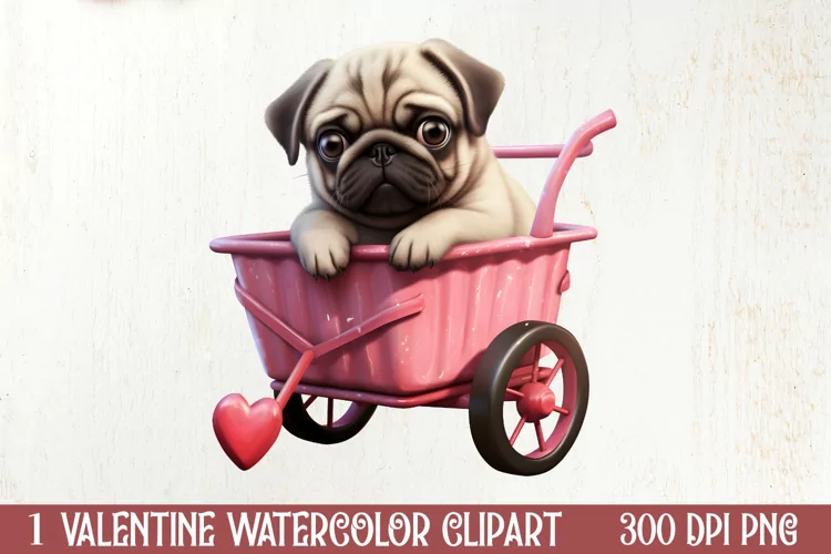 Cute Pug Puppy Valentine Clipart, Valentines Clipart