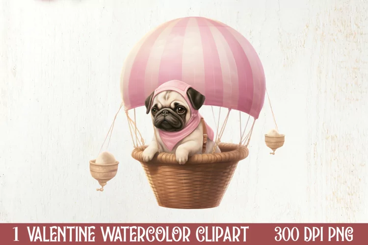 Cute Pug Puppy Valentine Clipart, Valentines Clipart
