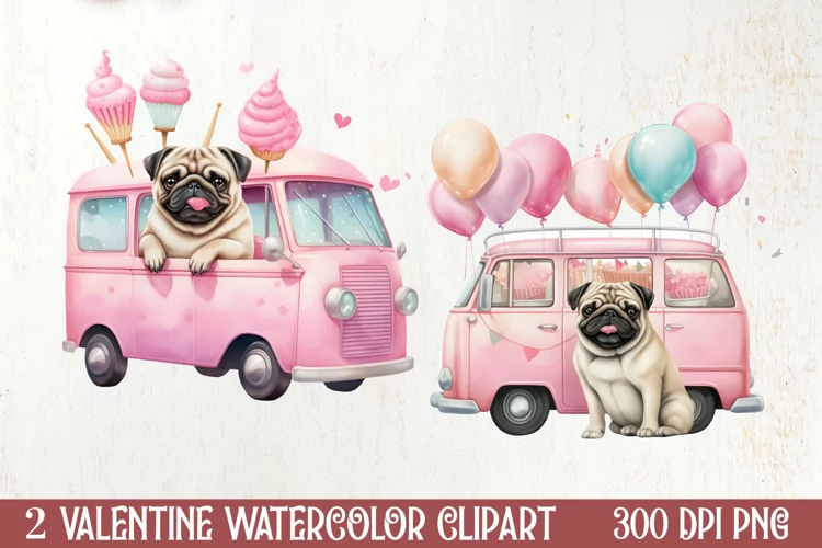 Cute Pug Puppy Valentine Clipart, Valentines Clipart