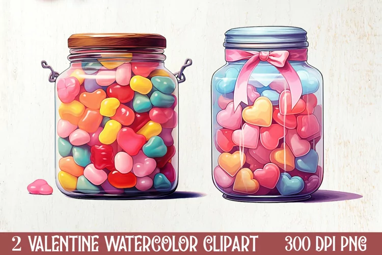 Candy Jar Watercolor Valentine Clipart, Christmas Clipart