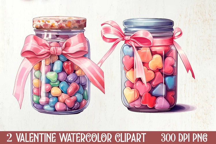 Candy Jar Watercolor Valentine Clipart, Christmas Clipart