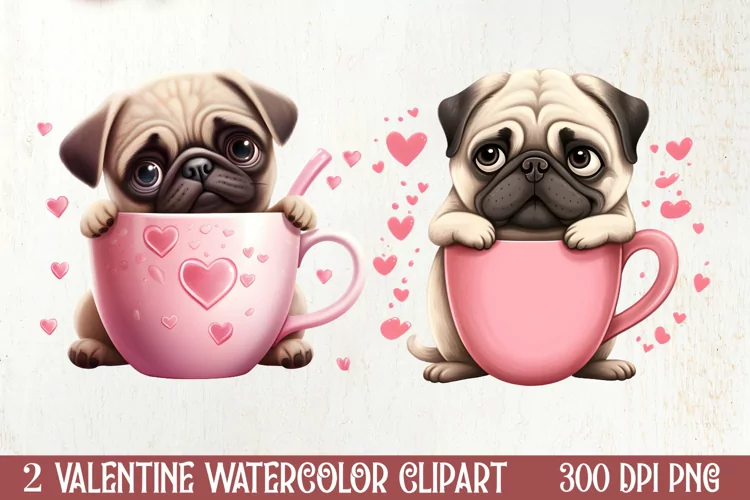 Cute Pug Puppy Valentine Clipart, Valentines Clipart