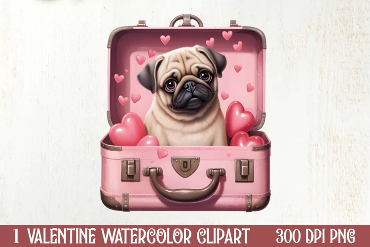 Cute Pug Puppy Valentine Clipart, Valentines Clipart