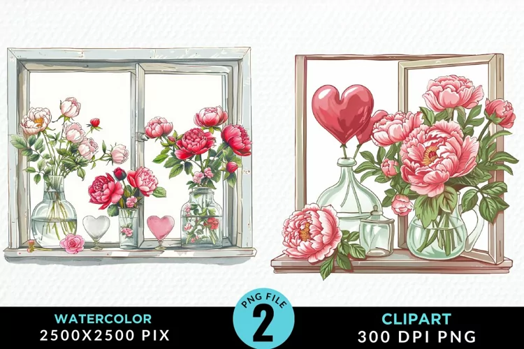 Watercolor Valentines Window Clipart