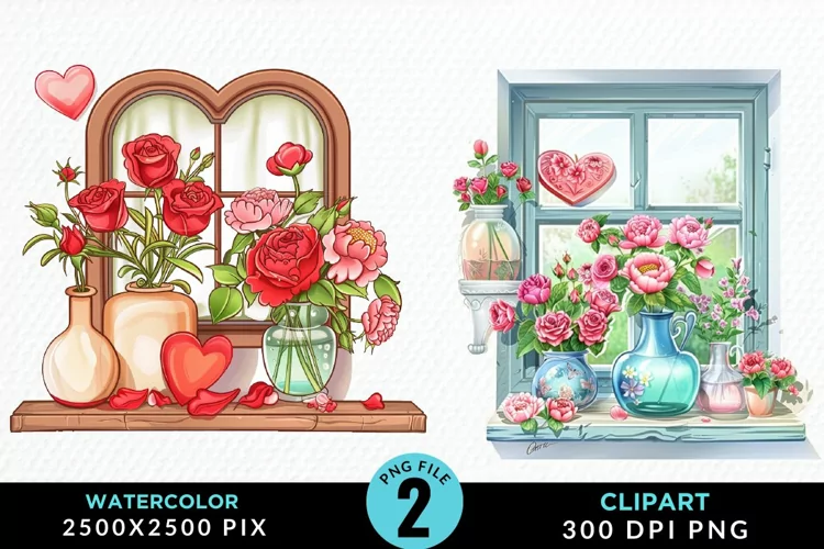 Watercolor Valentines Window Clipart