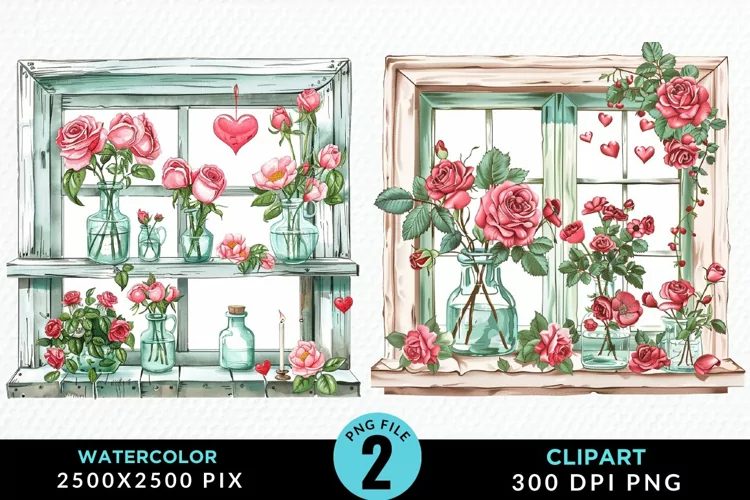 Watercolor Valentines Window Clipart