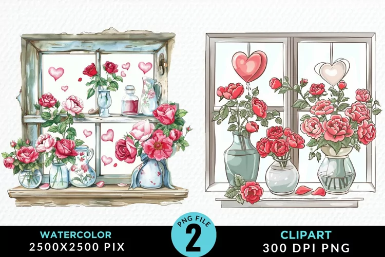 Watercolor Valentines Window Clipart