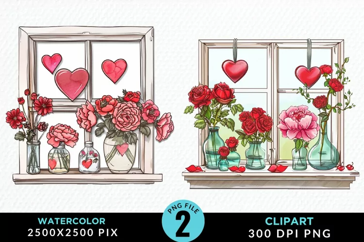 Watercolor Valentines Window Clipart