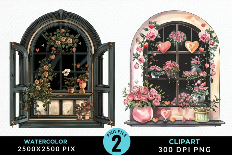 Watercolor Valentines Window Clipart