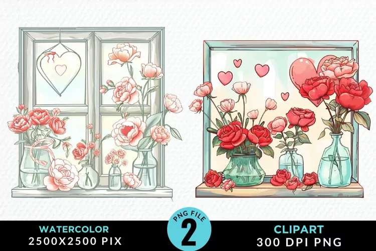 Watercolor Valentines Window Clipart