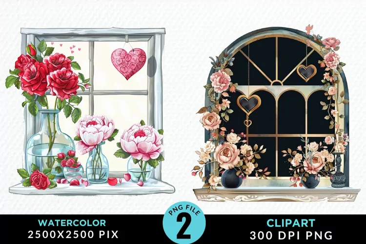 Watercolor Valentines Window Clipart