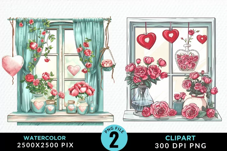 Watercolor Valentines Window Clipart