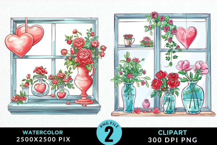 Watercolor Valentines Window Clipart