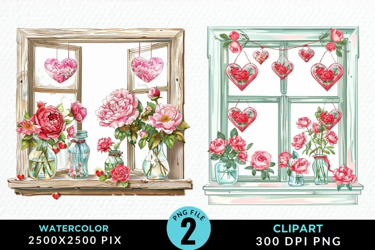 Watercolor Valentines Window Clipart