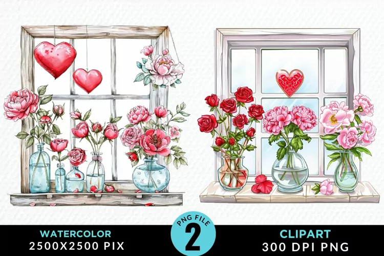 Watercolor Valentines Window Clipart
