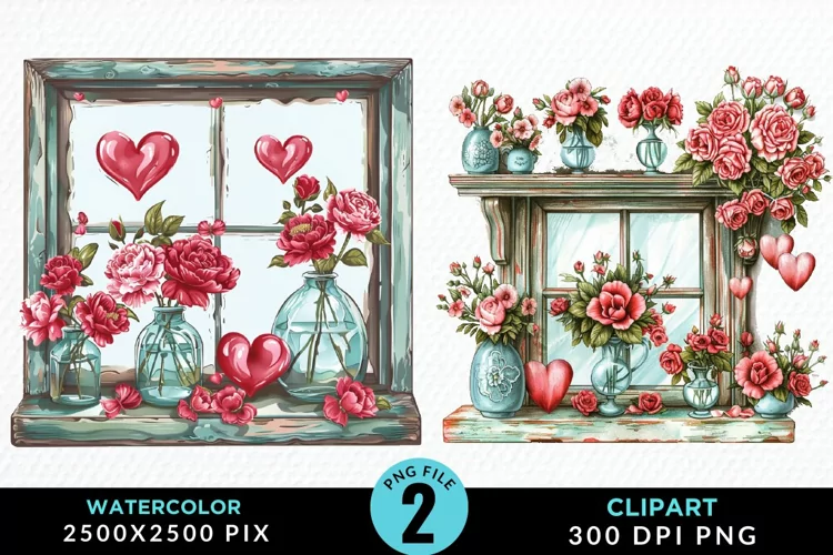 Watercolor Valentines Window Clipart