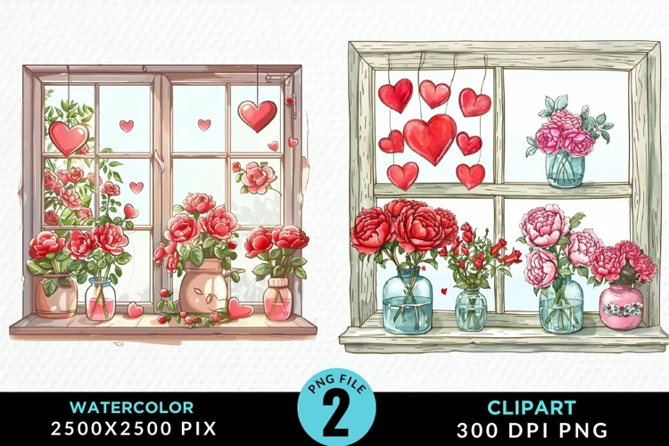 Watercolor Valentines Window Clipart