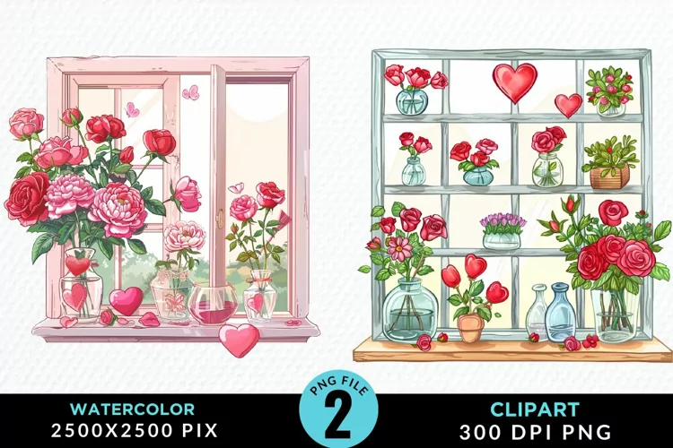 Watercolor Valentines Window Clipart