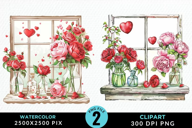 Watercolor Valentines Window Clipart